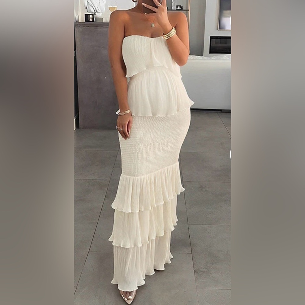 Strapless White Tiered Ruffle Maxi Dress